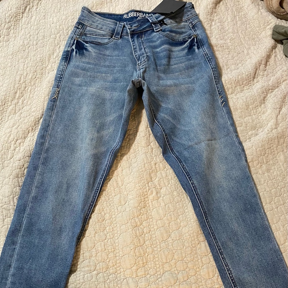 Rubber band stretch denim, skinny cropped, size 28